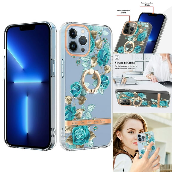 Compatible for iPhone 15 Pro Case with Ring Kickstand Holder Clear Floral Pattern Hybrid PC TPU Shockproof Protective Phone Case Cover for iPhone 15 Pro Women Girls, Green Flower