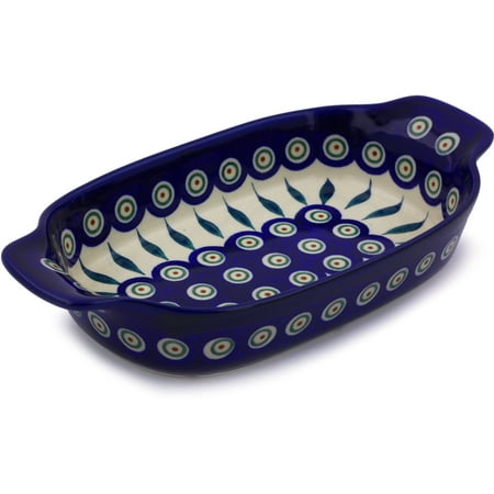 Leaf Serving Dish - Polish Pottery Small Serving Dish or Baker (Peacock Leaves Theme) Hand Painted in Boleslawiec, Poland + Certificate of Authenticity
