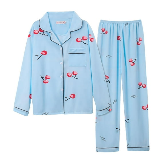 VISALY Women 2 Piece Lounge Set Floral Printed Sets Pajama Sets Long Sleeve Shirts Button Down Pajamas Loose Pants Matching Set Cooling Nightwear Soft Sleepwear Blue L