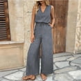 thumbnail image 5 of Womens Track Suits 2 Piece Set Boho Linen Jumpsuit Womens V Neck Sleeveless Wide Leg with Adjustable Drawstring Waist Long Romper Pants Gray L, 5 of 9