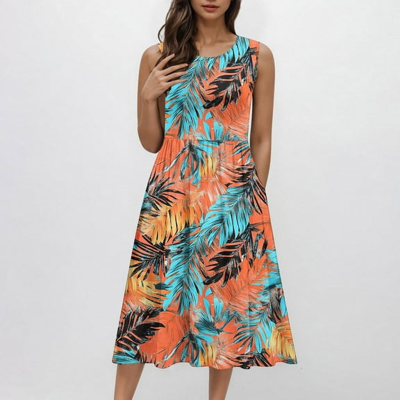 Lorytime Mid Length Dresses for Women Blue Pleated Crewneck Tank Dress A Line Dress Sleeveless Floral Graphic Print Sundress Midi Dress Knee Length Dress with Pocket Beach Vacation S