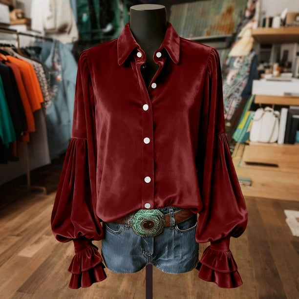 Ounisa Women's Velvet Tops Dressy Casual Long Sleeve Smocked Work Blouses Trendy Blusas Elegantes Button Down Shirts