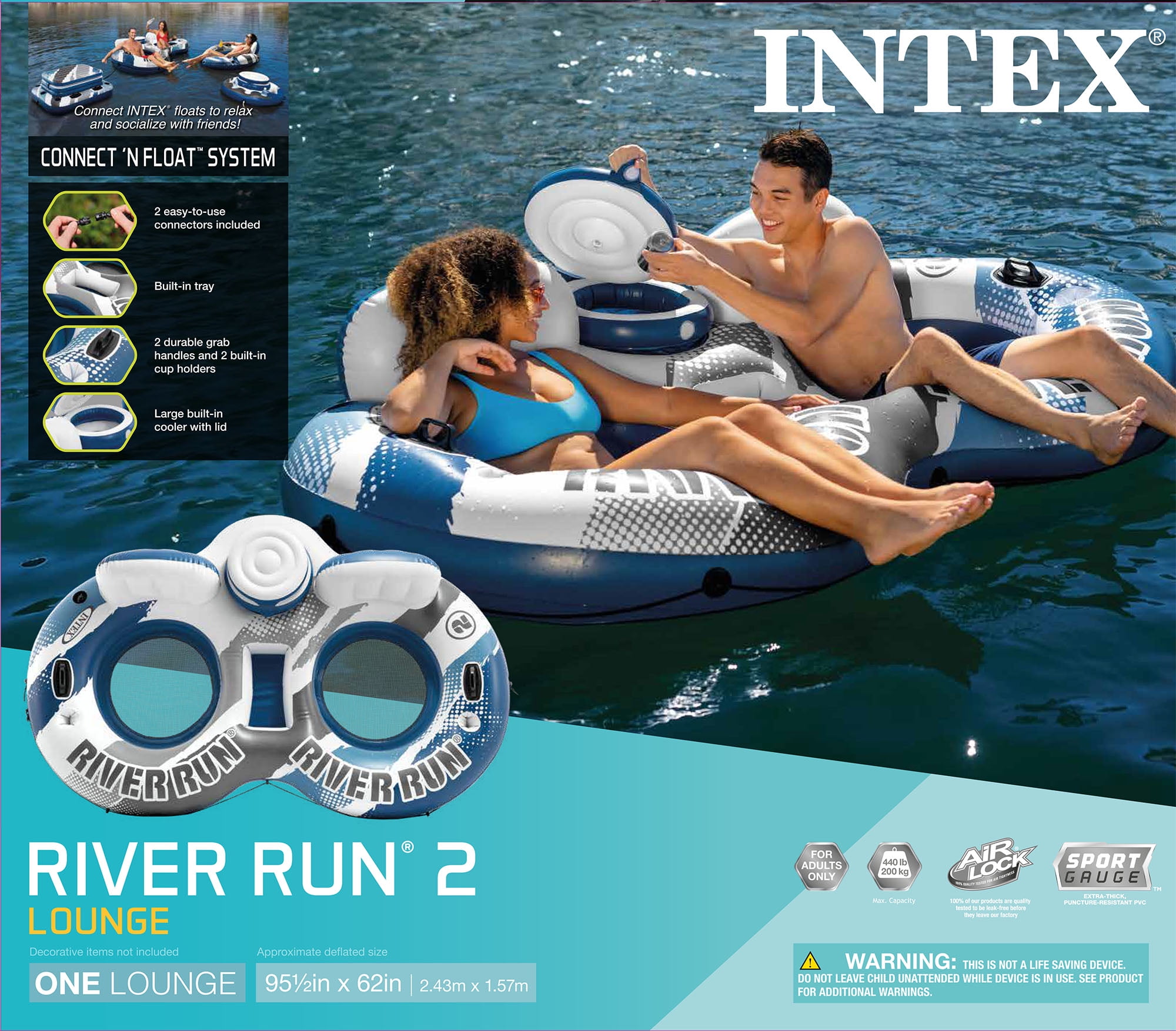 Intex River Run 2 - 2 Person Inflatable Floating Water Tube with Cooler and Quick Connects - River Lake Pool