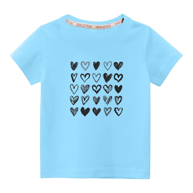 Penkiiy T-shirt en Coton pour Tout-Petits Garçons Filles Mode Mignon Col Rond Imprimé Saint-Valentin Manches Courtes 9-10 Ans Bleu