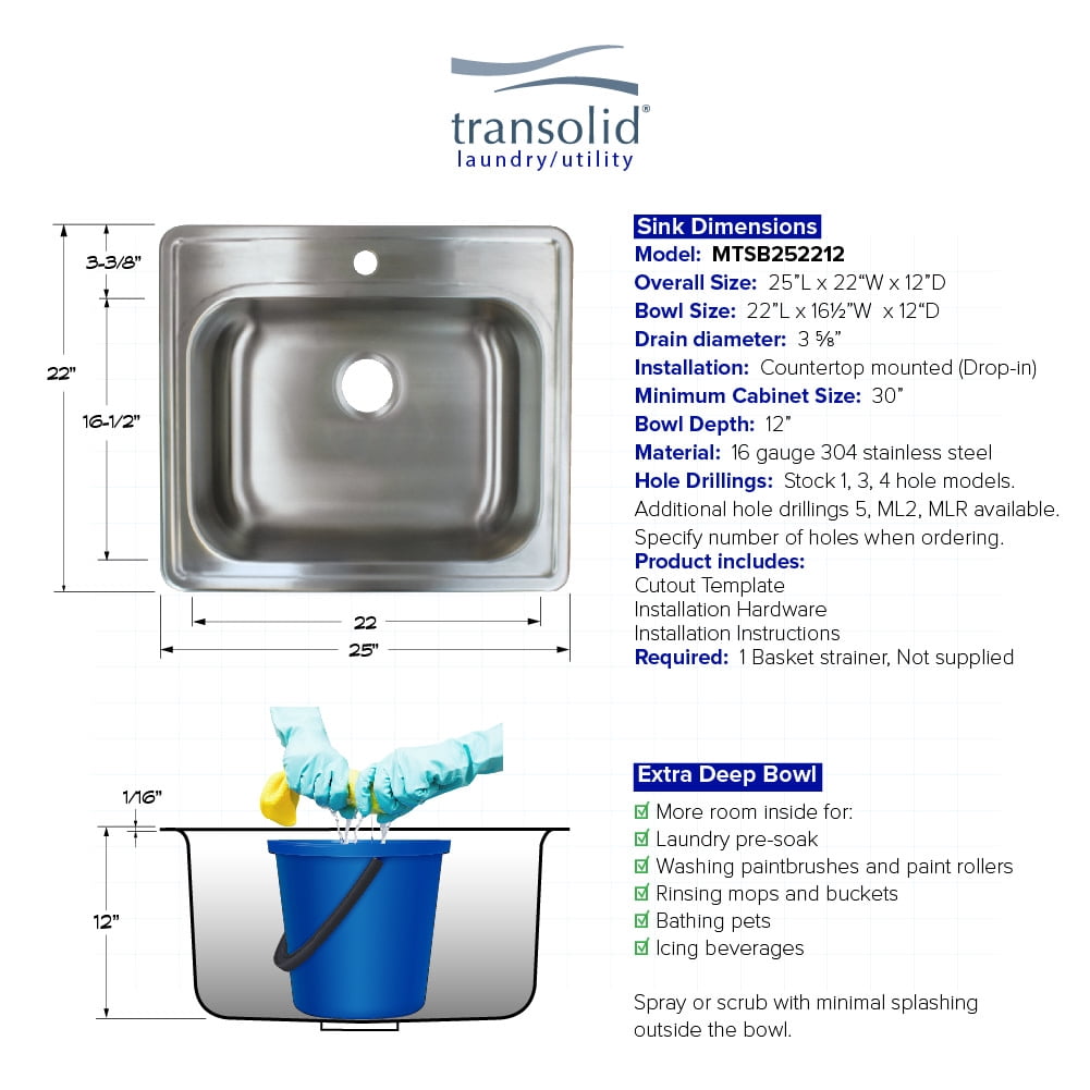 Transolid Trs_Mtsb252212-5 25" Drop In Single Basin Stainless Steel Utility Sink - Brushed