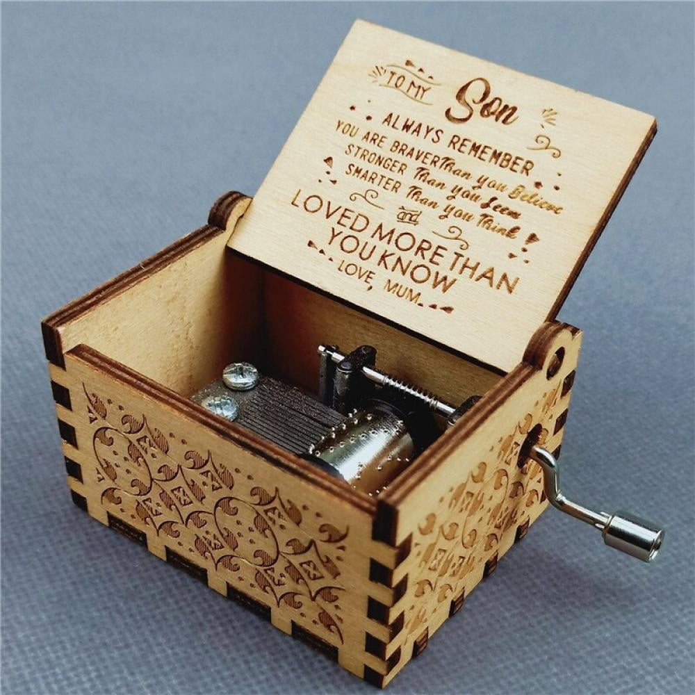 Retro Wooden Music Box Hand Crank Engraved Musical Toys Kids Birthday Xmas Gifts 