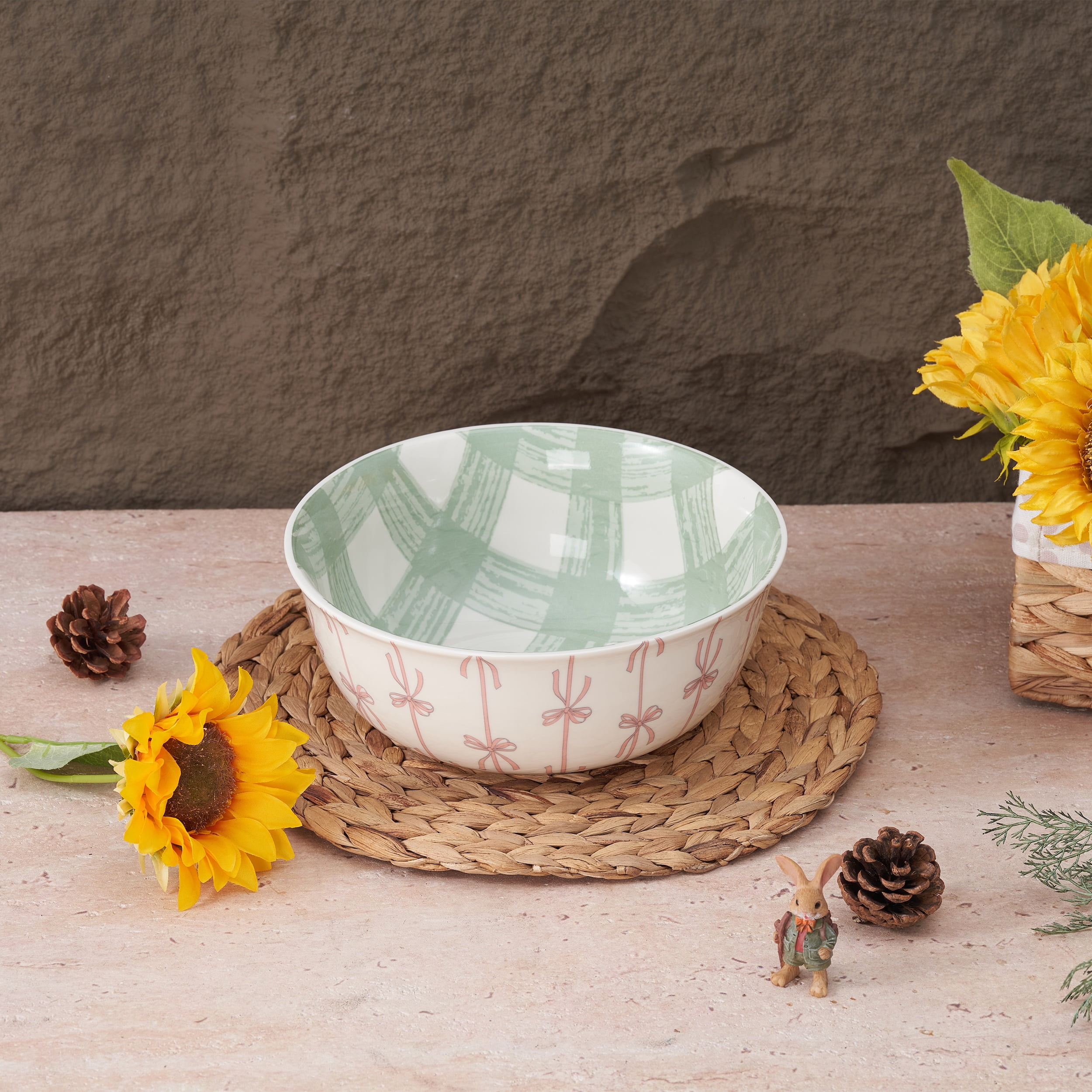 Way to Celebrate Ceramic Easter Large Serving Bowl with Bows and Checks