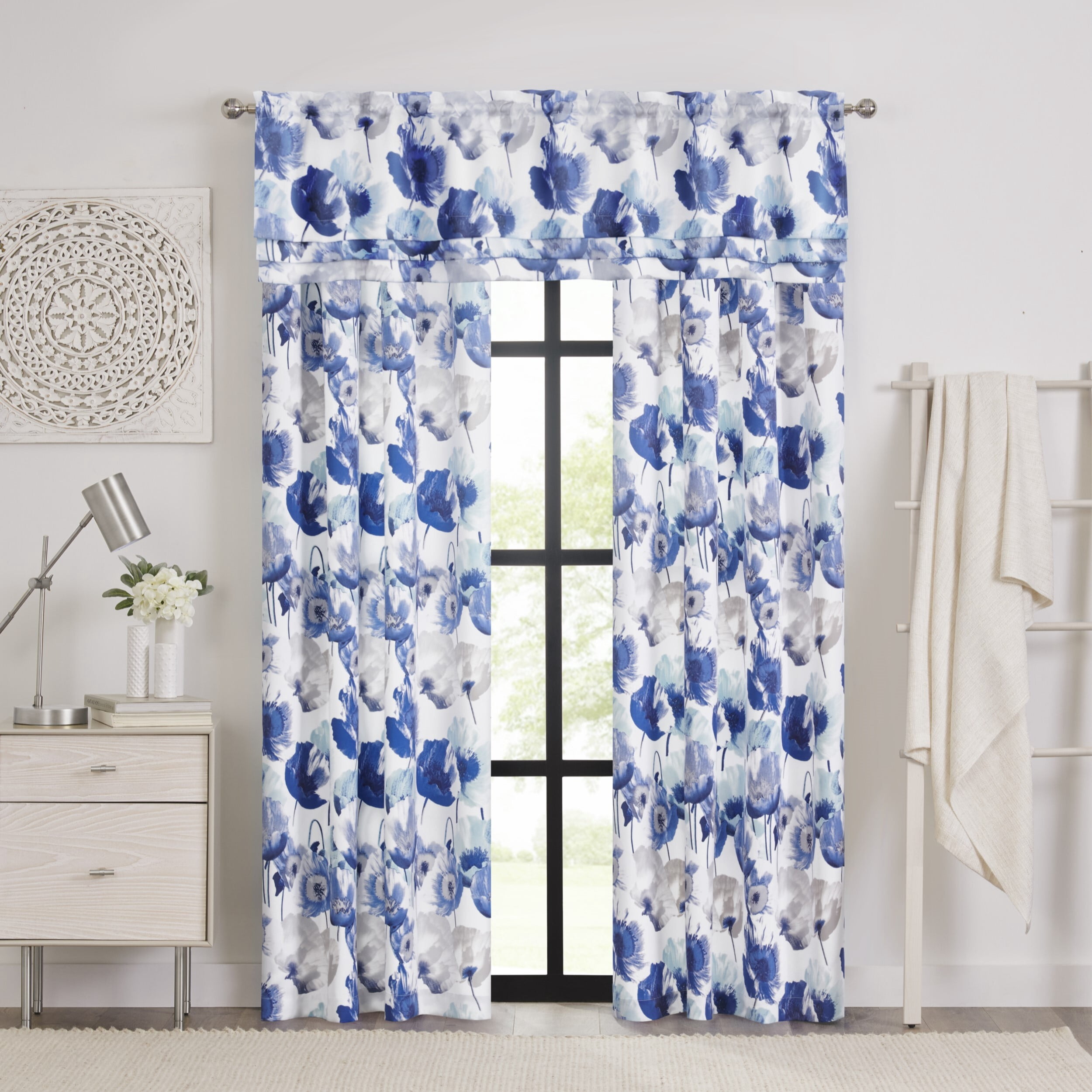 Achim Poppy Field Floral Rod Pocket Room Darkening Curtain Panel, Blue, 50" x 84"