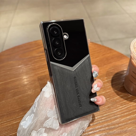 ELEHOLD Case for Samsung Galaxy Z Fold 7, Plated Wood Texture Leather Shockproof Case Built-in Screen Protector,Black