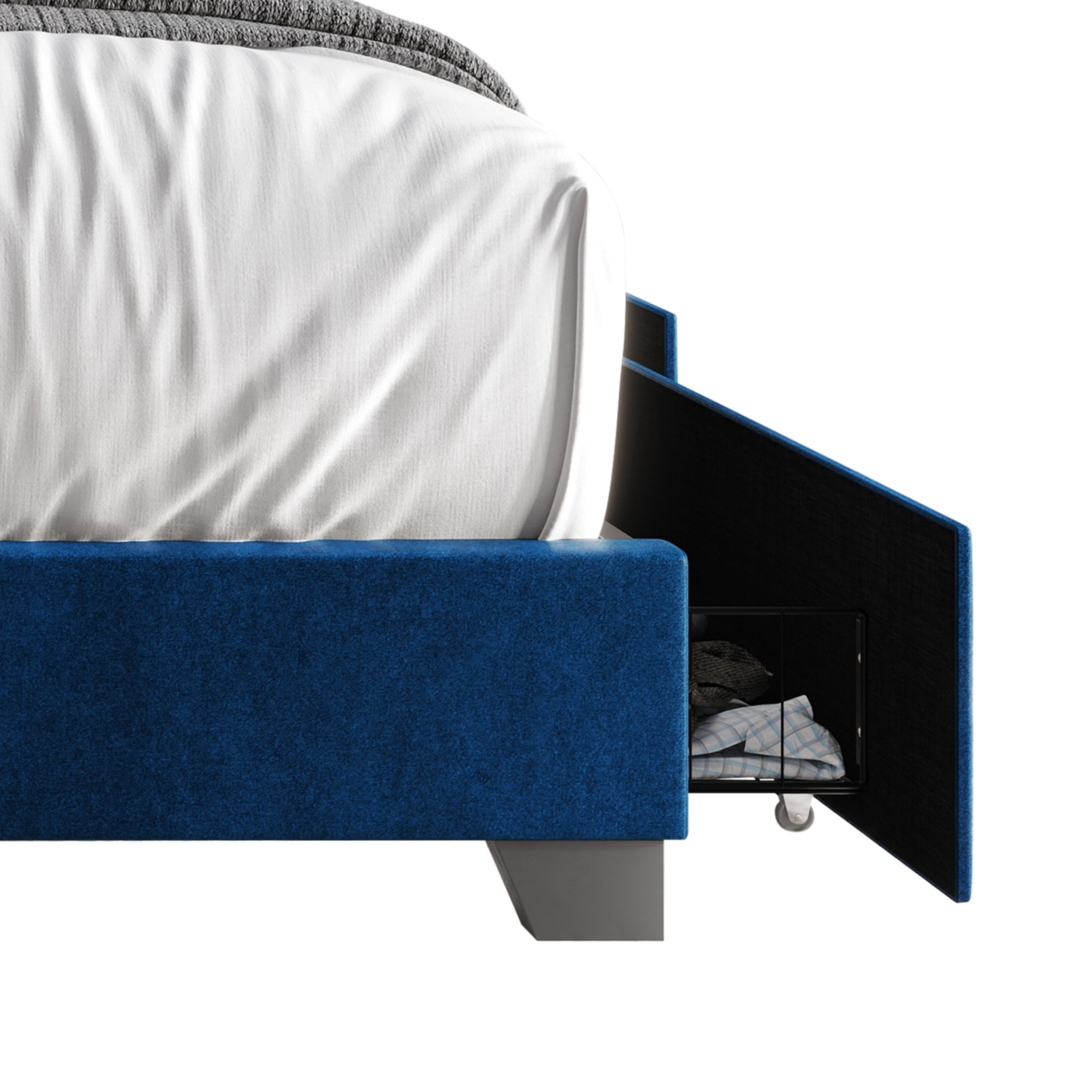 Home Design Valdez Full Upholstered Storage Platform Bed Frame with Gold Aluminum Trim and Four Under-Drawers, Blue, Easy Assembly