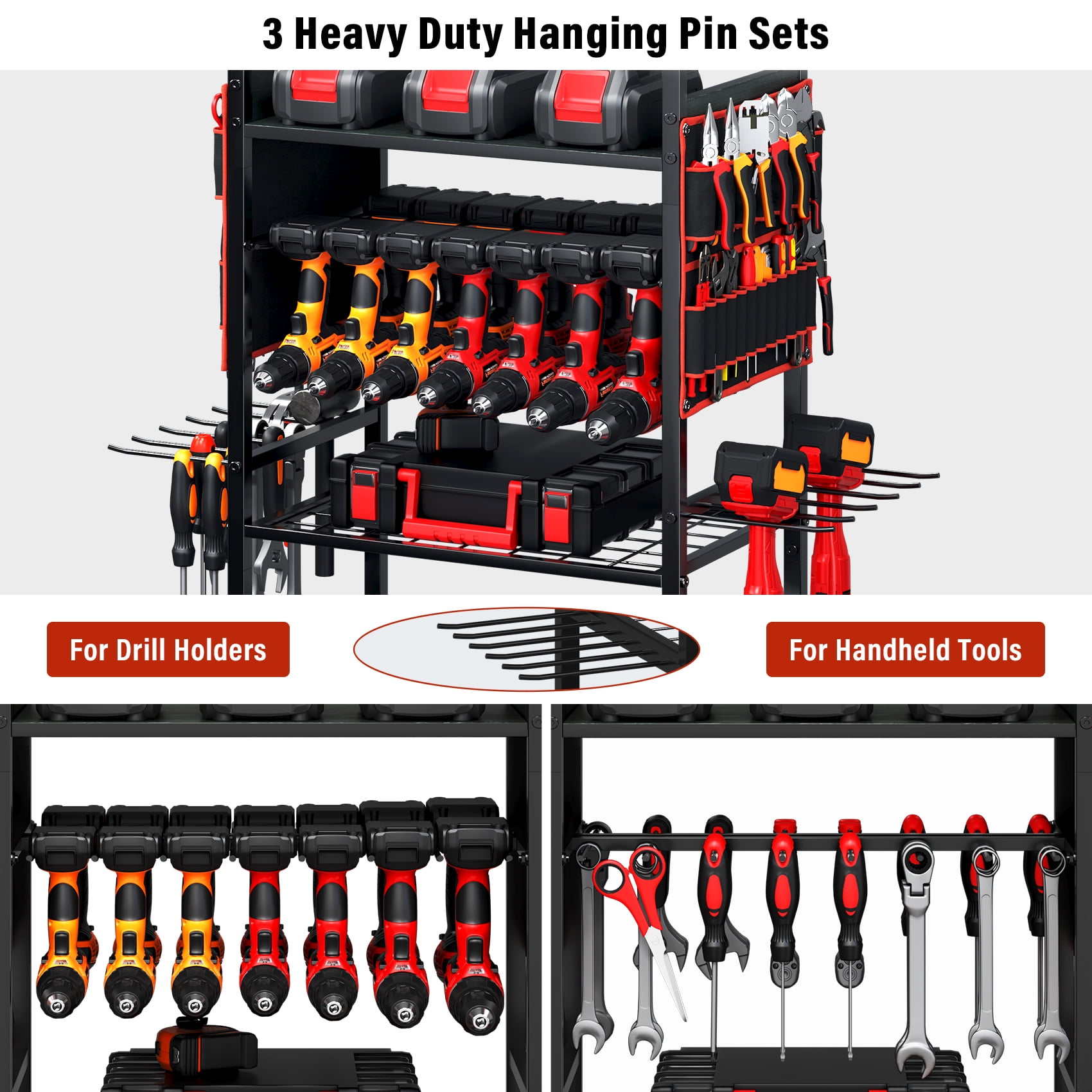 TC-HOMENY Movable Power Tool Organizer Cart w/ 8 Outlets Charging Station, 24 Power Drill Tool Battery Storage Rack for Garage, 3-Tier Tools Organizer with Pegboard, Festive Gifts for Men Dads Father