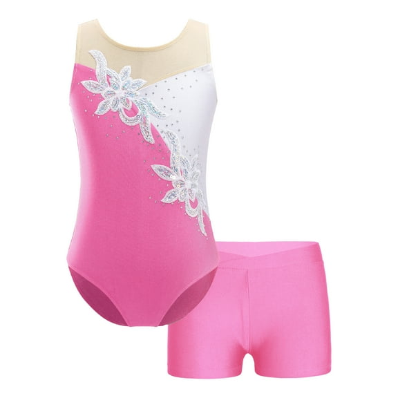 YONGHS Girls 2 Piece Gymnastic Dance Outfits Shiny Sequin Sleeveless Leotard with Shorts Activewear Pink 12
