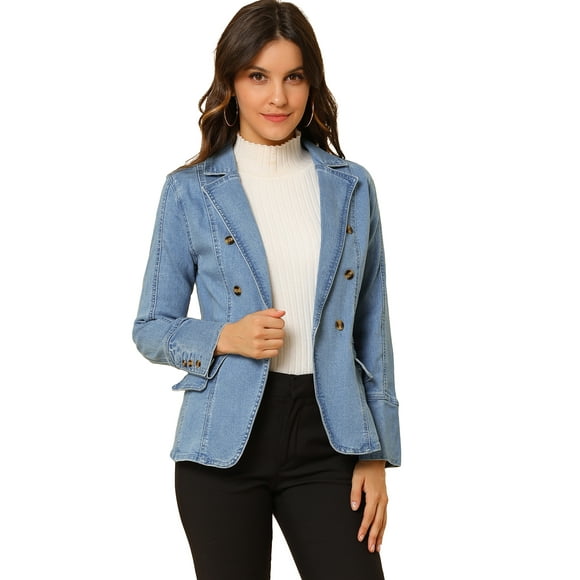 Unique Bargains Women's Casual Lapel Jeans Long Sleeve Denim Jacket w Pockets