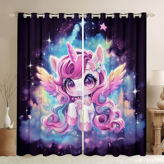 Castle Fairy Kawaii Unicorn Girl Black Out Curtains,Gradient Starry Sky Curtains Pack of 2 (42x63 Each),Dreamy Princess Bedroom Curtains,Super Cozy Room Decor