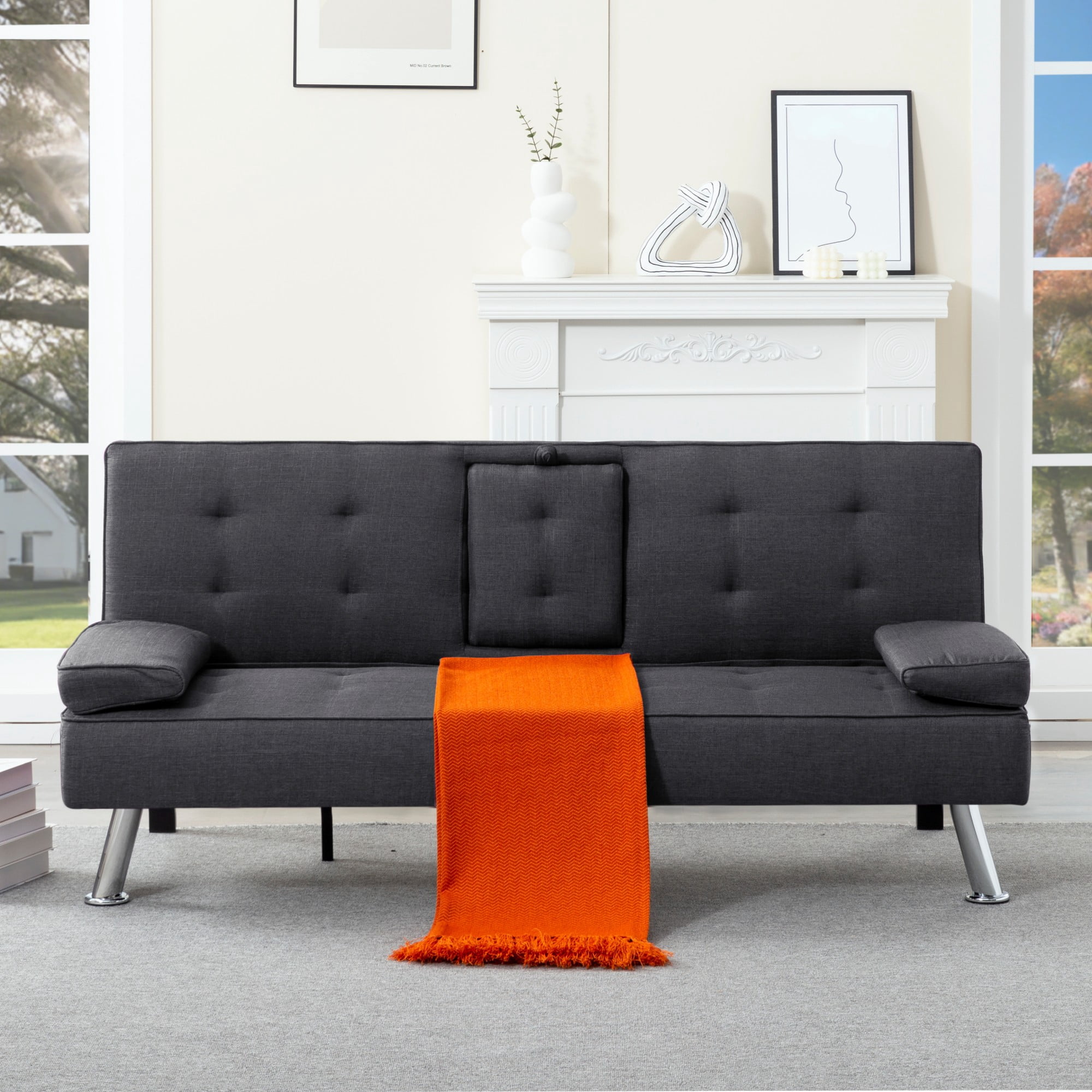 BSHTI 69.49" Fabric Convertible Futon Sofa Bed with Drop-Down Console, 2 Cup Holders, 5-Position Backrest, Side Pocket for Living Room（Dark Grey）
