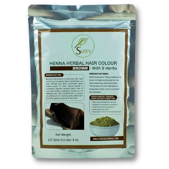 SVATV Brwon Henna Hair Colour with Goodness of 9 Herbs | Brwon Henna Mehndi for Hair, Make Hair Soft & Shiner Natural Hair Color for Men & Women 227g ,08oz