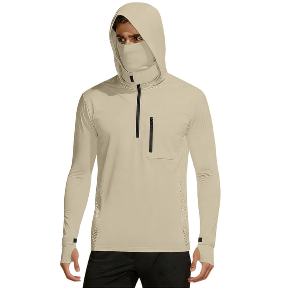 Mens Performance Fishing T-Shirt Long Sleeve Hoodie with Face Mask, Quick Dry Breathable Stretch Hooded Shirt Outdoor Hiking Top with Chest Zipper Pocket & Adjustable Cuff