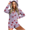 thumbnail image 2 of Dianli Printed Hooded Onesie Cozy Ear Zipper Jumpsuit Women's Warm Long Sleeve With Shorts Plush Hooded Romper Pocket Sleepwear Cute Ear Hood Home Lounge Cozy Romper, 2 of 6