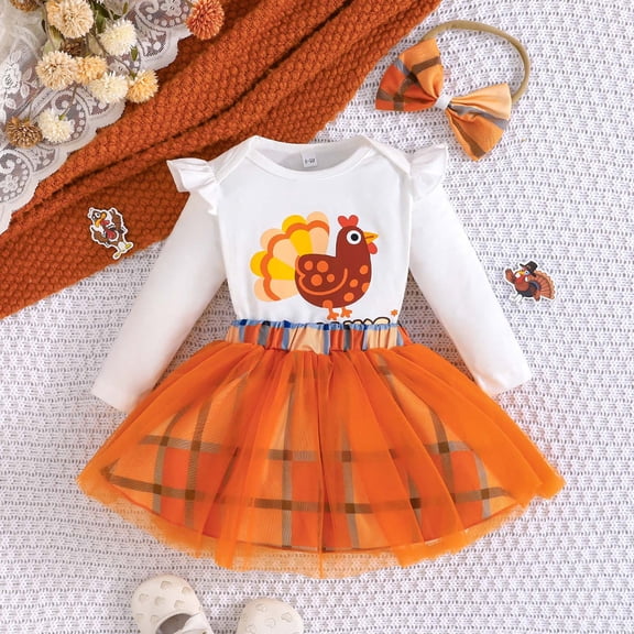 SONGGE Thanksgiving Baby Girl Outfit Sets Long Sleeve Cartoon Print Bodysuit Tutu Skirt Headband Three Piece For Toddler Holiday Party Back To School Adorable Clothes Sets