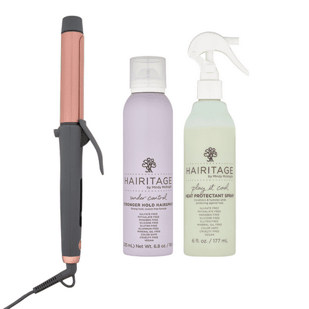 Hairitage 3-Pack Set - 1.25" Ceramic Curling Iron for Medium to Long Hair with Play It Cool Heat Protectant and Finishing Hair Spray