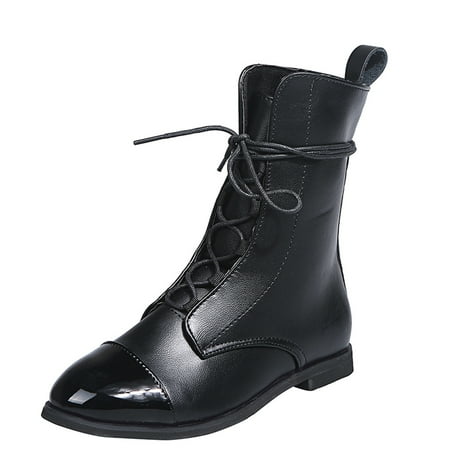 

KBKYBUYZ Women sRetro Soft Leather Round Toe Color Matching Lace Flat Ankle Boots