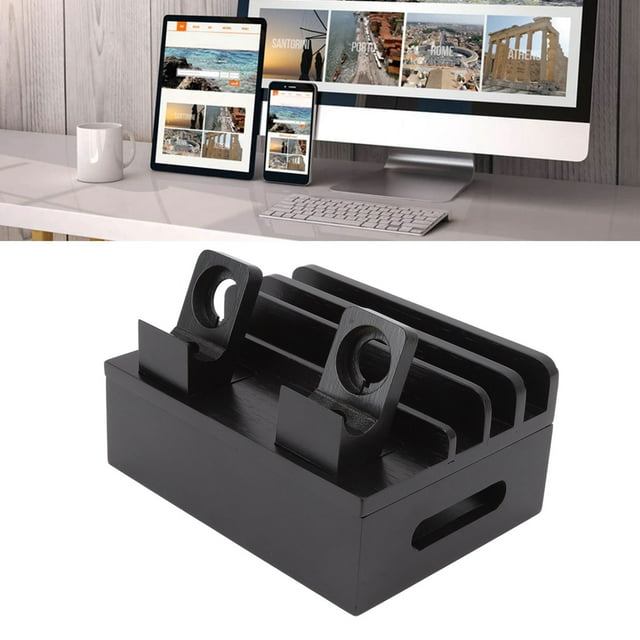 Bamboo Charging Station with Multiple Slots, 5 Ports for Phones Tablets Watches, Design