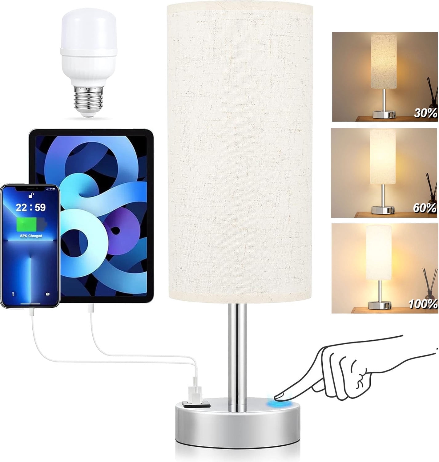 HadinEEon 15.4" Table Lamp, 3 Way Dimmable Light Touch Lamp, USB C&A Fast Charging Ports, Fabric Shade Silver Base, for Bedroom, Living Room, Office