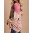 thumbnail image 3 of Womens Fashion Color Block Long Sleeve Crewneck Knitted Casual Loose Pullover Shirts Tops Pink L, 3 of 4