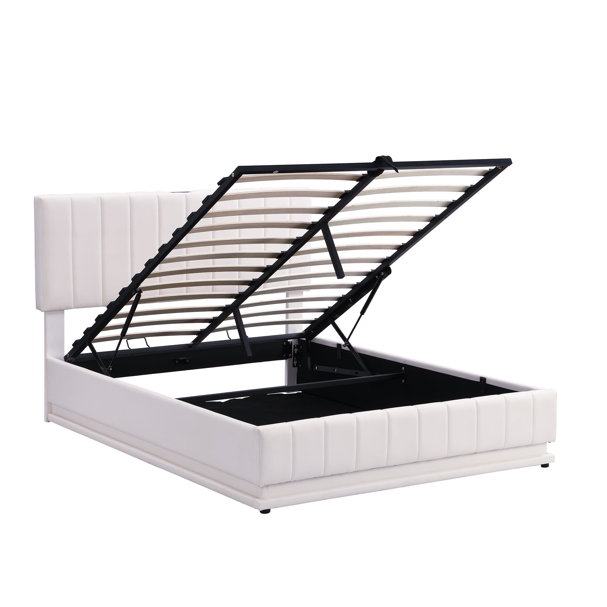 Euroco Full Size Lift up Storage Bed Frame, Modern Upholstered Platform Bed with Wingback Headboard, Hydraulic Underneath Storage with LED Light for Kids Teens, Beige