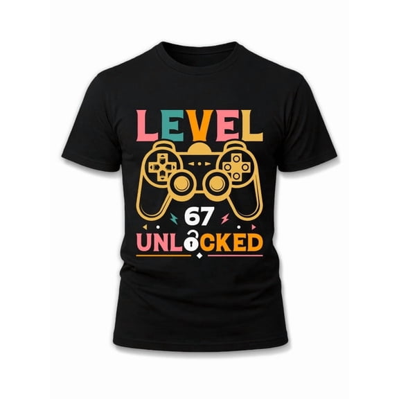 Greenink Level 67 Unlocked Gamer Tee Mens graphic t shirts black graphic tees funny Unique designs, summer prints Trendy Unisex Shirt Cotton tshirts