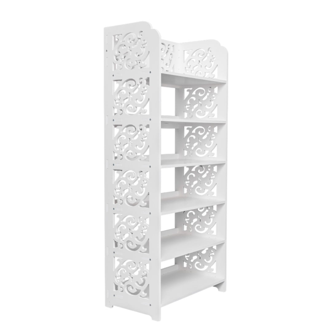 Tcbosik 6-Tier Carved Shoe Rack, Wood-Plastic Waterproof Storage Shelf for Shoes, Plants & Decor, 16.54"W Easy-Install Organizer for Home Entryway or Bedroom (White)