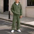 thumbnail image 4 of Kids Boys 2 Piece Waffle Knit Outfit, Quarter Zip Pullover Hoodie with Pocket & Elastic Waist Sweatpants, Soft Casual Sport Tracksuit Army Green 13 Years, 4 of 9