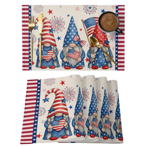 Independence Day Placemats Set of 2, Patriotic Gnomes USA Flag 4th of July Retro Non-Slip Place Mats Washable Table Mats for Kitchen Dining Table Decorations Indoor/Outdoor