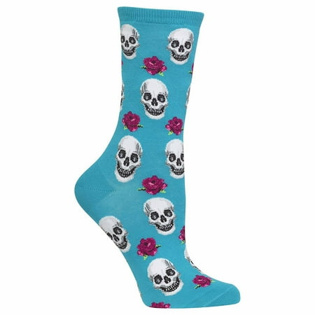 Skull and Roses Blue Crew Socks