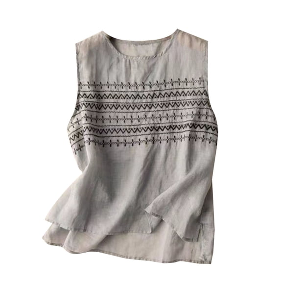 Holzkary Linen Tank Tops for Women,Sleeveless Tops Casual Summer Loose Fit T Shirts Solid Color Tunic Tank Tops Crew Neck Tee Sleeveless Vest Suspender Solid Color Embroidered Vest Top Grey L