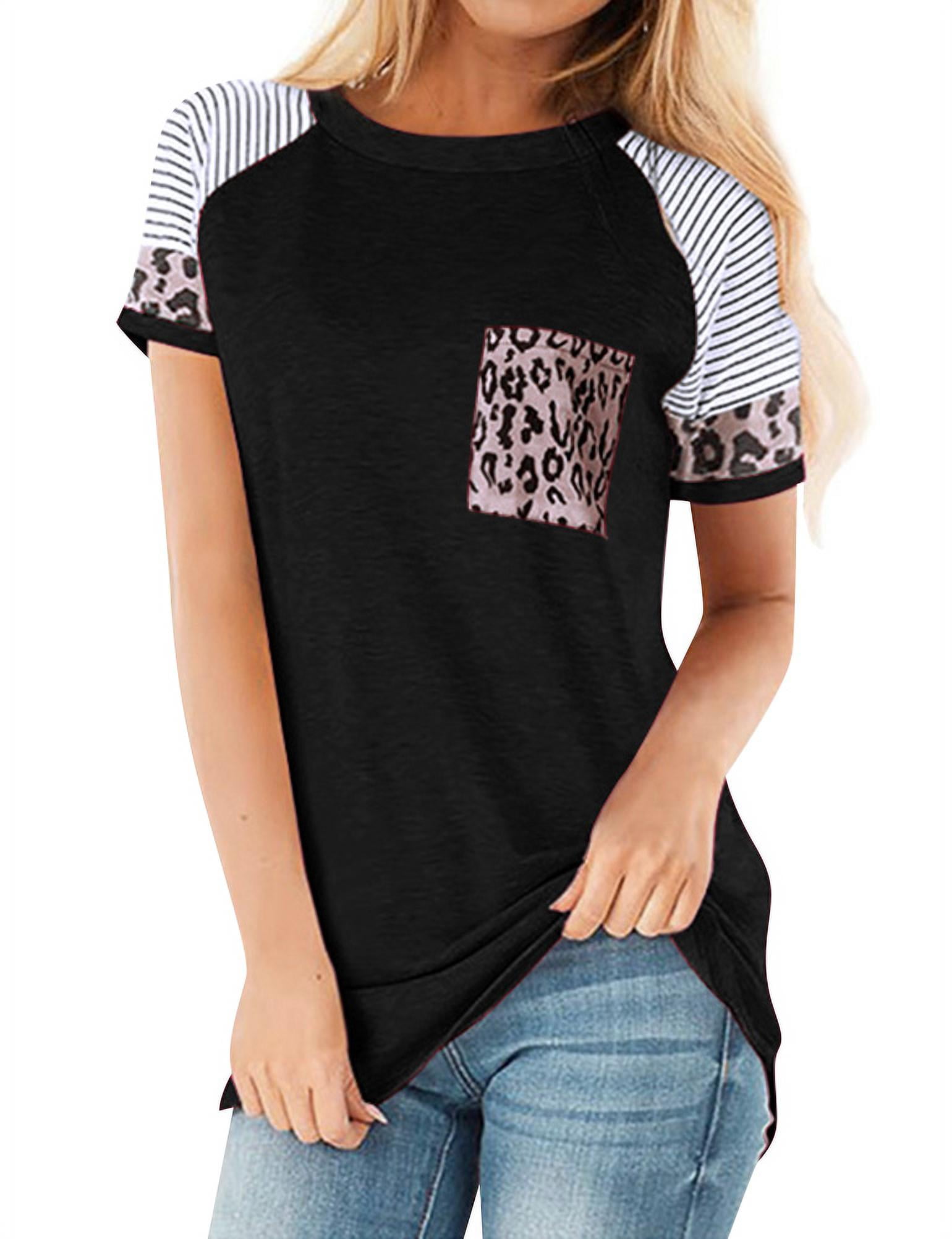 Women Stripes Leopard Printed Pocket Short Sleeve Top