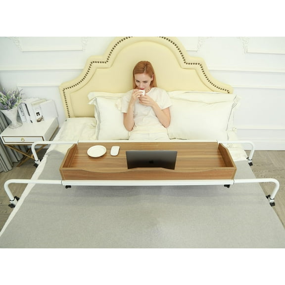 UNICOO® Adjustable Overbed Table with Wheels, Perfect for Full/Queen/King Beds Rolling Medical Bed Desk for Laptop Work, Breakfast. Sturdy Wood and Steel Frame(Ancient Oak - 202)