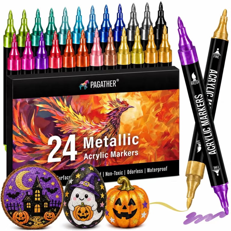 Pagather 24 Metallic Acrylic Paint Markers, Dual Tip photo 1