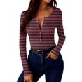 thumbnail image 5 of ClodeEU Womens Button V Neck Striped Tshirt ,Long Sleeve Slim Fit T Shirts Casual Trendy Tops Wine,Womens Plus M, 5 of 8