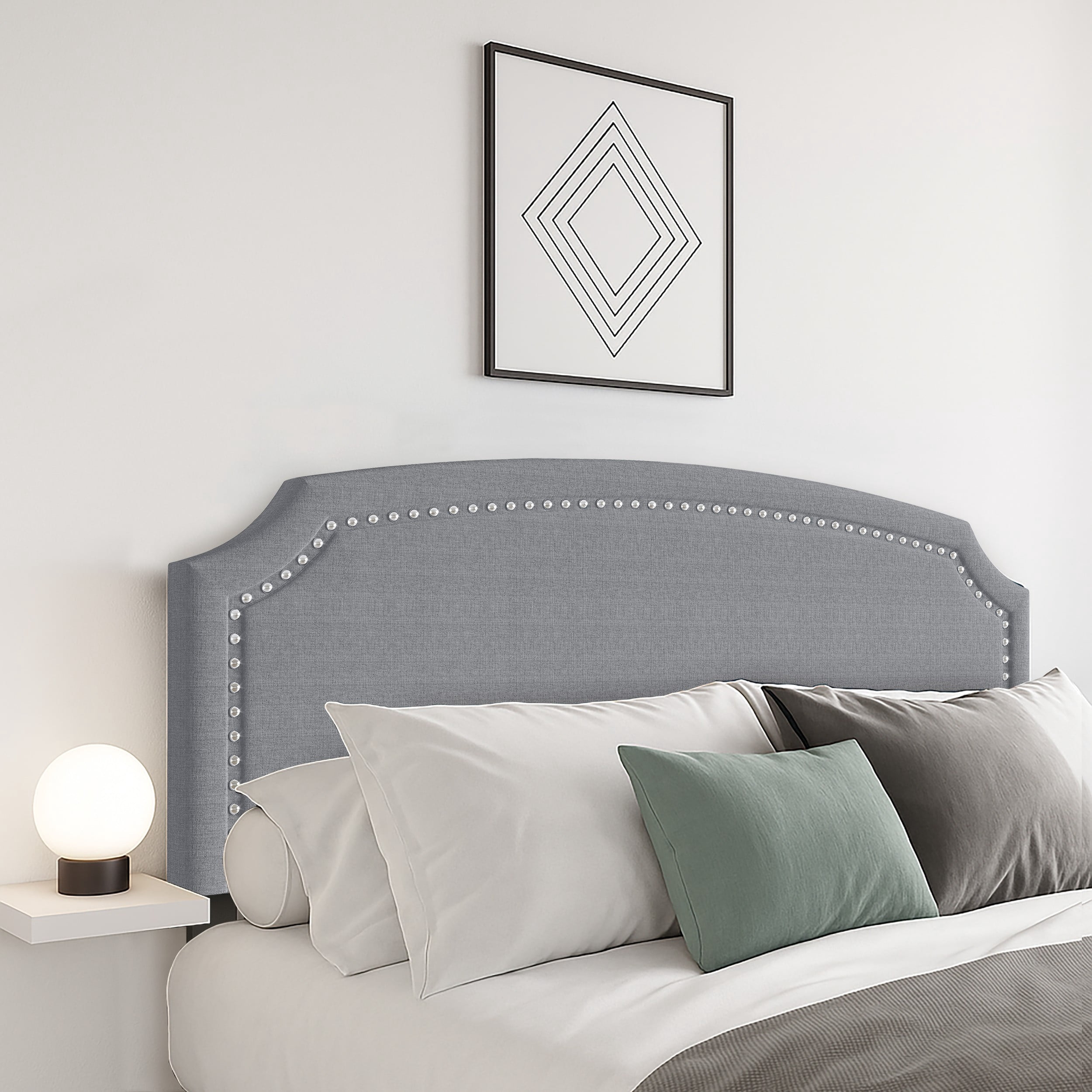 Home Design Cora Upholstered King Headboard with Nailhead Trim and Adjustable Height, Gray, Easy assembly