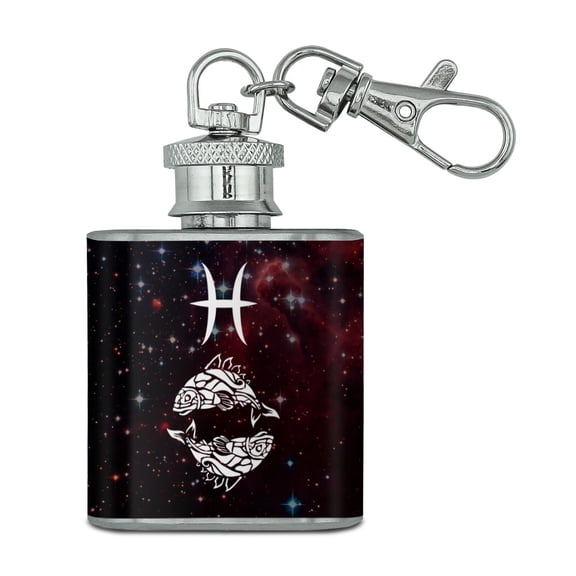 Pisces Fish Zodiac Sign Horoscope in Space Stainless Steel 1oz Mini Flask Key Chain