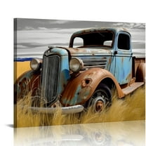 COMIO  Rusty Car Canvas Wall Art: Old Blue Truck Artwork Rustic Automobile Picture Vintage Country Antique Painting Black and White Print for Living Room Bathroom Bedroom