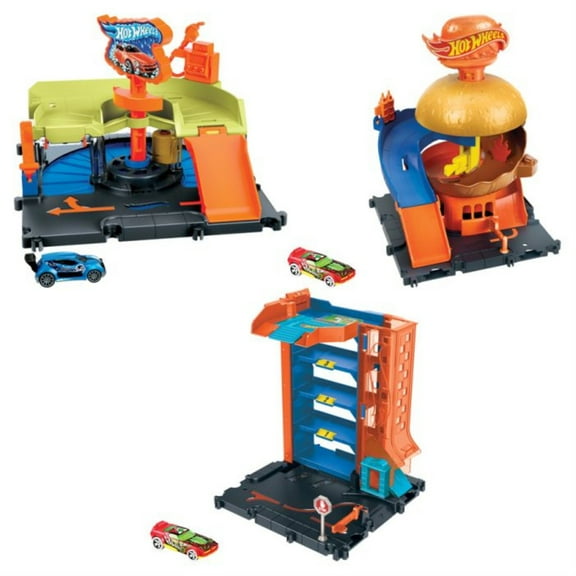 Mattel Hot Wheels City Downtown Toy Set, 3 Pieces, Assorted Colors, 12" x 18" x 6", Plastic