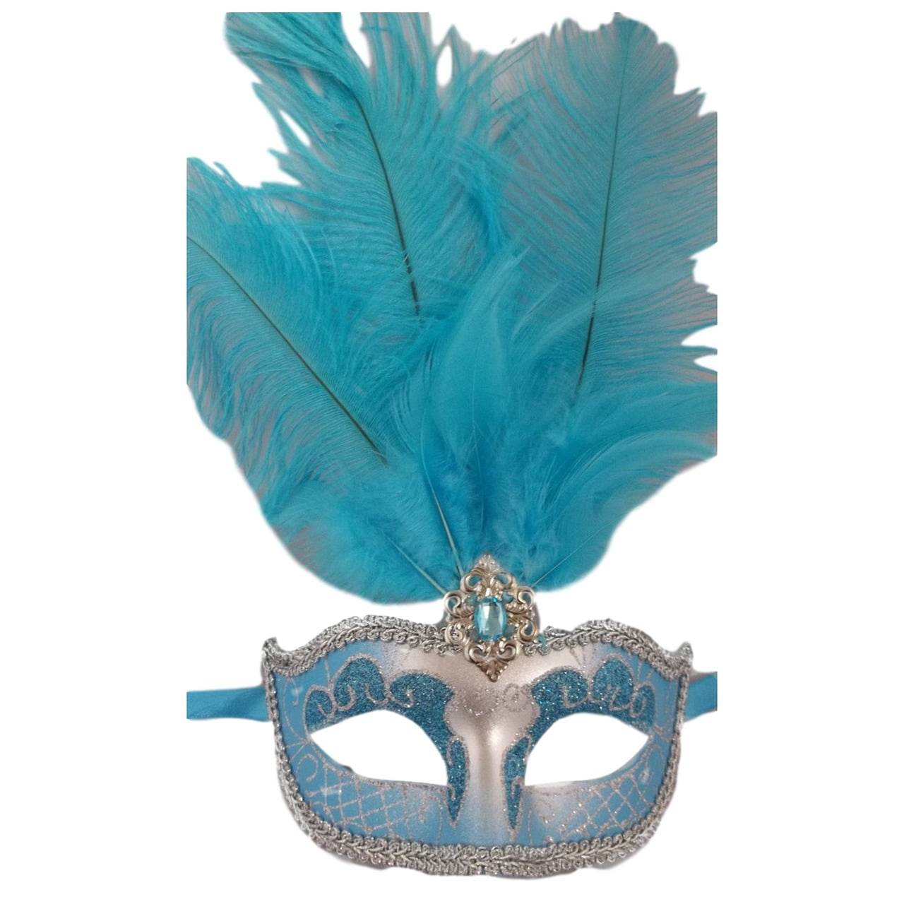 Light Blue Silver Venetian Mask Feather Masquerade Mardi Gras 12" New