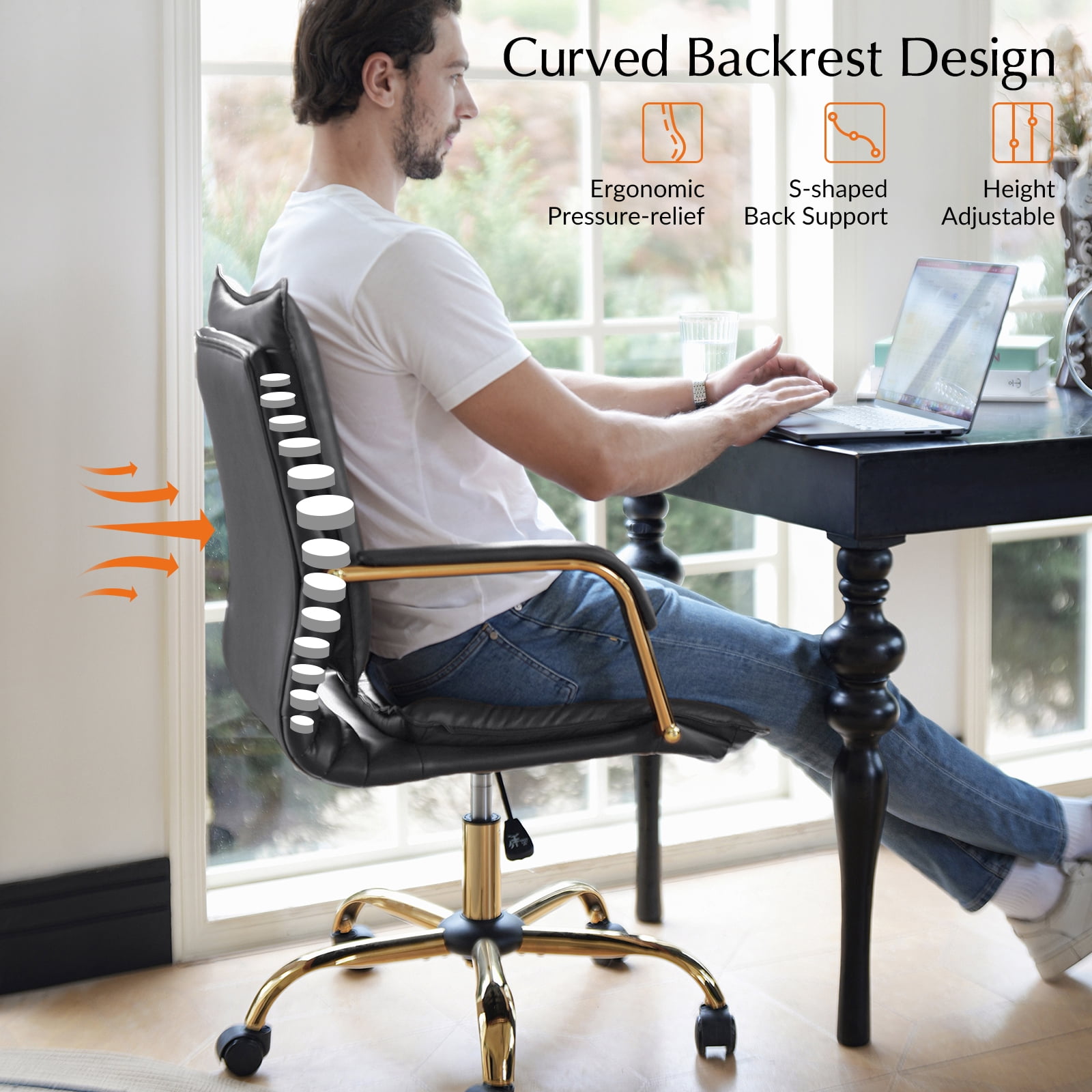 Faux Leather Office Chair Adjustable Swivel Desk Chair with Golden Legs and Arms Upholstered, Black