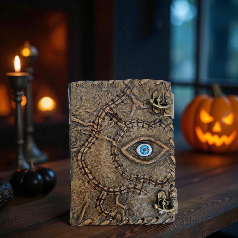 Handmade Leather Journal with 3D Eye Design – Vintage Fantasy Notebook, 200 Deckle-Edge Pages, Spell Book Style Diary