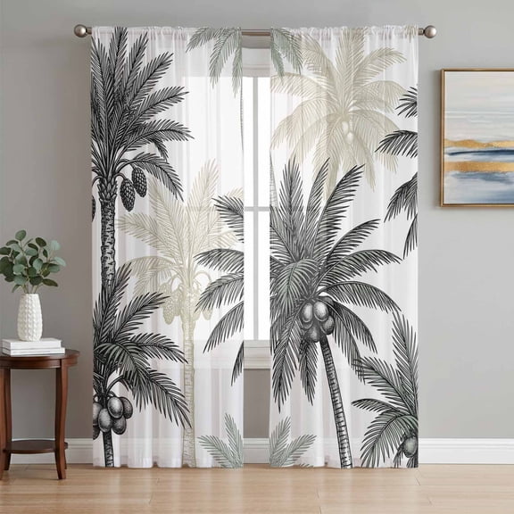Grey Black Palm Trees Sheer Curtains 72 Inch Length 2 Panels Set, Seaside Tropical Summer Botanical Voile Window Treatment Rod Pocket Curtains Sheers Drapes for Bedroom/Living Room/Kitchen 52"x72"x2