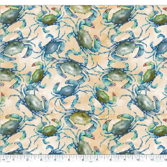 Cotton Ocean Life Crabs Sea Creatures Crustations Watercolor-look Nautical Mook Fabrics Sand Cotton Fabric Print by the Yard (54987-3)
