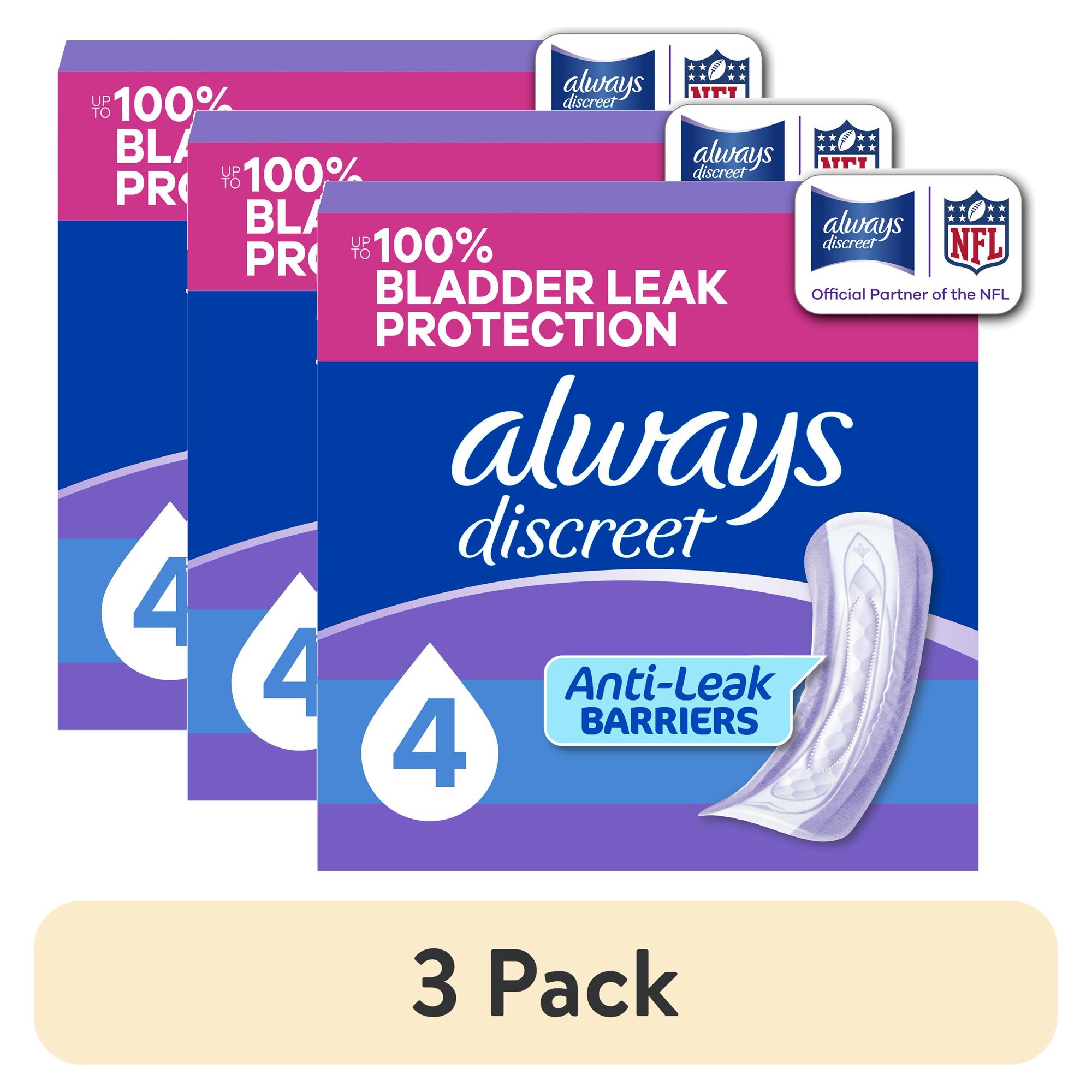 (3 pack) Always Discreet Pads, Moderate Absorbency, Regular, 108 Count