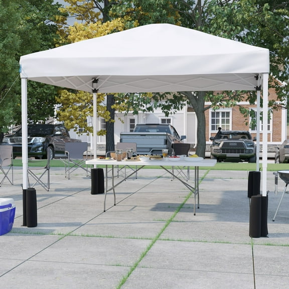 BizChair 10'x10' White Pop Up Canopy Tent with Wheeled Case and 6-Foot Bi-Fold Folding Table with Carrying Handle - Tailgate Tent Set